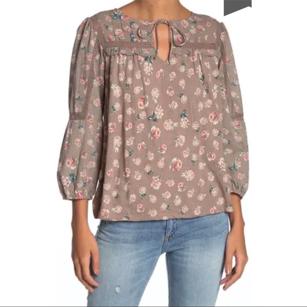 Lucky Brand Crochet Lace Floral Puff Sleeve Blouse